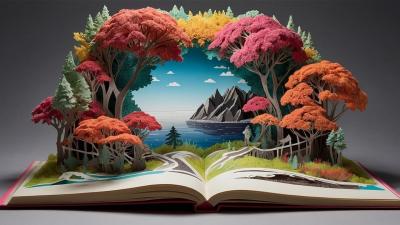 Open book with a scene of colorful 3D trees.